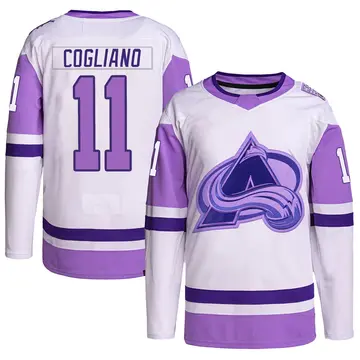 Men's Andrew Cogliano Colorado Avalanche ＃11 Authentic White/Purple Hockey Fights Cancer Primegreen Jersey