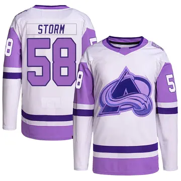 Men's Ben Storm Colorado Avalanche ＃58 Authentic White/Purple Hockey Fights Cancer Primegreen Jersey