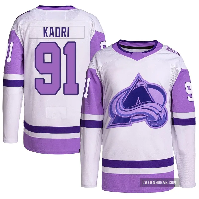Men's Nazem Kadri Colorado Avalanche ＃91 Authentic White/Purple Hockey Fights Cancer Primegreen Jersey