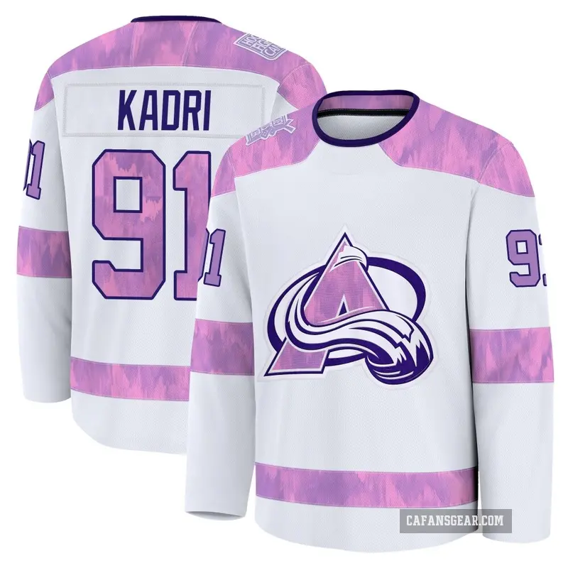 Men's Nazem Kadri Colorado Avalanche ＃91 Premium White 2024 Hockey Fights Cancer Practice Jersey