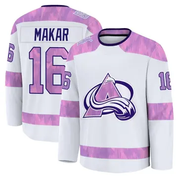 Men's Taylor Makar Colorado Avalanche ＃16 Premium White 2024 Hockey Fights Cancer Practice Jersey