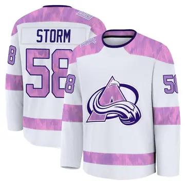 Youth Ben Storm Colorado Avalanche ＃58 Premium White 2024 Hockey Fights Cancer Practice Jersey