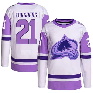 Youth Peter Forsberg Colorado Avalanche ＃21 Authentic White/Purple Hockey Fights Cancer Primegreen Jersey